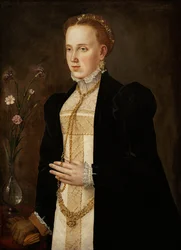 Philippine Welser (hustru till Ferdinand II av Tyrolen eller Habsburg) - Porträtt av Philippine Welser (1527-1580), av sydtysk mästare (1500-talet). Olja på duk, ca 1557. Konsthistoriska museet, Wien