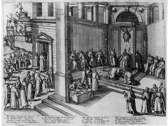 Påven Clemens VIII accepterar underkastelsen av den franske kungen Henri IV i St. Peters den 23 september 1595