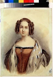Porträtt av prinsessan Marie av Hessen och Rhen (1824-1880), som kommer att bli kejsarinna av Ryssland (Porträtt av prinsessan Marie av Hessen och Rhen, framtida kejsarinna av Ryssland). Anonym målning. Akvarell på papper, 39,3 x 23 cm, sent 1830. Tysk kon