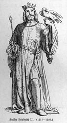 Porträtt av Fredrik II av Hohenstaufen (1194-1250), kung av det heliga romerska riket. Gravyr i "" Kaiser, Konig und Papft"" av Richard Roth