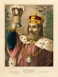 Porträtt av Gambrinus, legendarisk kung av Flandern, bildblad utgivet av F.C. Wentzel, Weissenburg, 1870