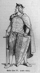 Porträtt av Otto av Brunswick (1174/1182-1218), tysk romersk kejsare och kung av Italien. Gravyr i "" Kaiser, Konig und Papft"" av Richard Roth