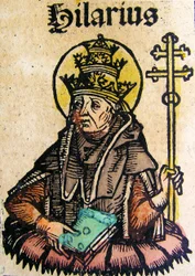 Porträtt av påven Hilarius, publicerad i Nürnbergkrönikan, 1493