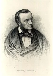 Porträtt av Richard Wagner (1813-83) tysk kompositör (gravyr) (s/v foto)