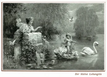 Vykort föreställande Lohengrin med svanen (litho)