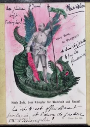 Vykort som föreställer Noble Zola, Warrior for Truth and Justice med anteckningar (färg litho med penna och bläck och wc)
