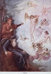 Vykort som visar frestelsen av Faust av Mephistopheles, c.1905