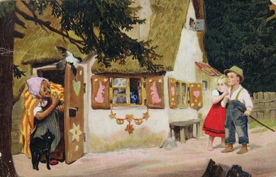 Vykort som föreställer häxan som bjuder in Hans och Greta att gå in i pepparkakshuset, ca 1910