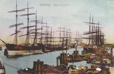 Vykort över segelfartygshamnen i Hamburg, ca 1900 (färgat foto)