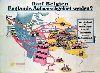 Affisch som uttrycker tysk oro över det föreslagna bygget av en kanaltunnel som förbinder Belgien och England, ca 1914-18
