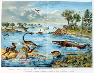 Förhistoria - Jurassic - rekonstruktion av naturlig miljö i Europa och några av djuren från denna period, 1886