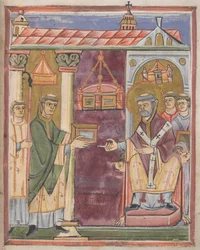 Präst presenterar en bok [till St. Augustine?]