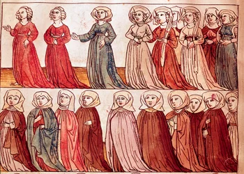 Procession med böhmiska kvinnor. Miniatyr ur Ulrich Richentals (1360-1437) "Krönika över konciliet i Konstanz", omkring 1438. Prag, Nationalbiblioteket