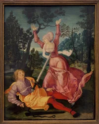 Pyramus och Thisbe. (De två babylonierna älskade varandra trots motstånd från deras familjer, beslutade att fly tillsammans, de möts vid foten av en murier. Pyramus tror att hennes vän slukades av en lejoninna och sticker sig själv med de