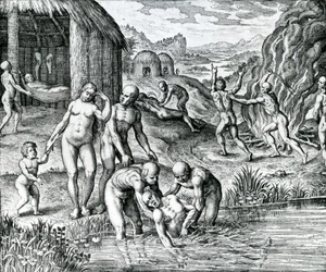 Quibus remediis contra morbos utantur Indiani, illustration hämtad från "Pars Decima Americae" utgiven av Hieronymous Galler