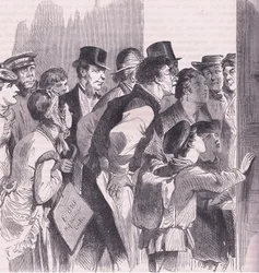 Läser nyheterna i Berlin, Cassells historia om kriget mellan Frankrike och Tyskland publicerad av Cassell and Company Limited, ca 1890 (litho)