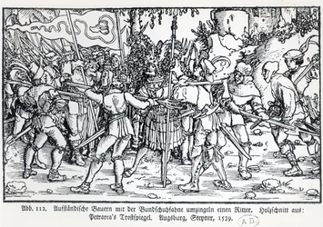 Rebelliska bönder som omger en riddare, från en illustration till Trostspiegel av Petrarch, 1539