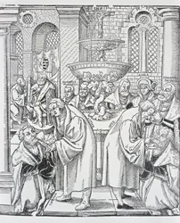Reformatorerna Martin Luther och Jan Hus administrerar nattvarden (gravyr)