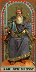 Representation av Karl den Store (742-814), kung av frankerna, langobarderna och sedan kejsaren. Kromolitografi