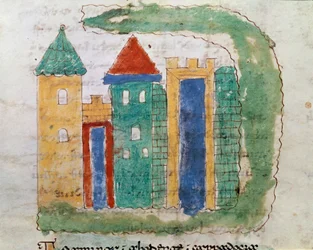 Representation av ett miniatyrcitat från manuskriptet "De Universo" (eller De rerum naturis (De la Nature des choses) (kod 132) av Rabanus Maurus Magnentius (eller Raban Maur eller Rabano Mauro) (ca 780-856) 900-talet Arkiv av Monte Cassino Abbey (Mount