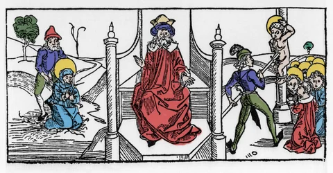 Representation av martyrdöden för Saint Symphorose, en kristen från 2000-talet, och hennes sju söner, under kejsar Hadrianus regering. Gravyr från "Leben der Heiligen - sommerteil" (Helgonets bok) av Jacobus (James) av Voragine (1228-12)
