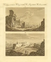Ruinerna av den gamla staden Sagunto i Spanien (färgad gravyr)