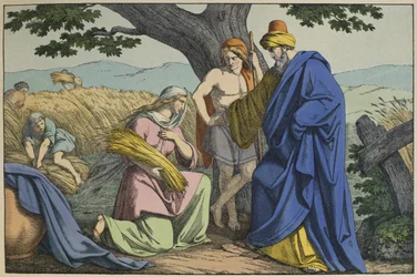 Ruth och Boaz, illustration från LAncien Testament, utgiven av Jakob Ferdinand Schreiber, Esslingen (färgstick)