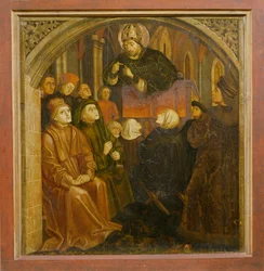 Sankt Ambrosius predikar i Milano, bildar altartavlan av Sankt Augustinus, c.1480