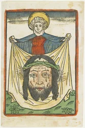 Saint Veronica med Sudarium, ca 1475 (handfärgat träsnitt)