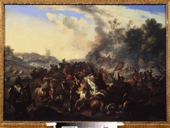 ""stridsscen"" Ryttare och hästar hopade sig under ett slagsmål. Anonym målning från tyska skolan. 1600-talets regionala konstmuseum, Uzhhorod, Ukraina