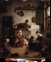 ""Klassscen i en skola"" (I skolan) Tysk skolmålning Tidiga 1800-talets regionala Deineka konstgalleri, Kursk Ryssland