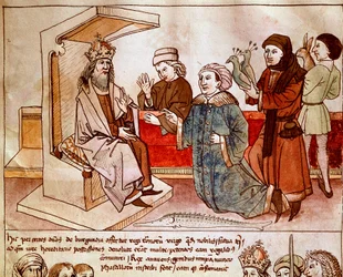 Sigismund I av Luxemburg (1368-1437), kejsare av det heliga riket tar emot hyllningen av de undergivna folken. Miniatyr från "Krönikor från Konciliet i Konstanz" av Ulrich Richental (1360-1437) 1438 ungefär Prag, nationalbibliotek