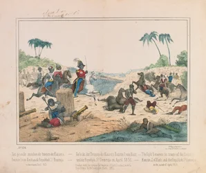 skärmytsling mellan trupper från kejsar Faustin I av Haiti och Dominikanska republiken Santo Domingo i april 1851, bildblad publicerat av Fried. Schulz Verlag, Stuttgart, 1851