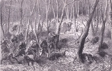 skärmytsling i skogen utanför Paris, Cassells historia om kriget mellan Frankrike och Tyskland publicerad av Cassell and Company Limited, ca 1890 (litho)
