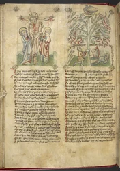 Sloane 361, f.26v Nebukadnessar ser ett träd i en dröm; korsfästelsen, från 