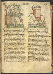 Sloane 361, f.27 Kung Codrus ger sig själv för att bli dödad för sitt folk, och Eleazar Maccabeus sticker elefanten och krossas av den, från 