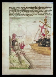 St Brendan på sitt skepp, från den tyska översättningen av The voyage of St Brendan Abbot, c.1476