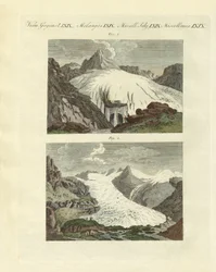 Konstiga glaciärer som födelsen av stora floder (färgad gravyr)
