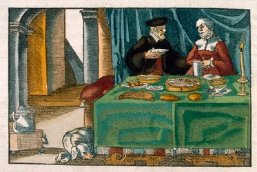 Nattvarsbord, efter tyskt manuskript, ca 1650 (handkolorerad gravyr)