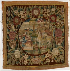 Gobeläng kuddfodral föreställande David och Abigail, Samuel XXV, möjligen tillverkat i Hamburg, Tyskland, ca 1615 (ull)