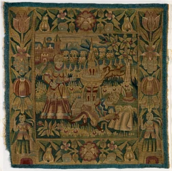 Gobeläng kuddfodral föreställande Pyramus och Thisbe, tillverkat i Hamburg, Tyskland, ca 1615 (ull)
