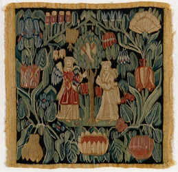 Gobeläng kuddfodral föreställande Bebådelsen, från Niedersachsen eller Danmark, efter 1600 (ull)