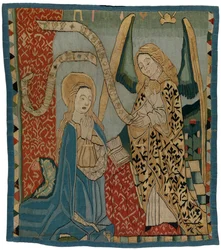 Tapestrypanel som föreställer bebådelsen, från Oberrheinland (ull, guld, linne och sidentrådar)