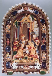 The Adoration of the Kings, reliefplakett inramad med miniatyrfigurer av de fyra evangelisterna och putti omväxlande med safirer, från München (emalj, förgylld, halvädelstenar, pärlor)