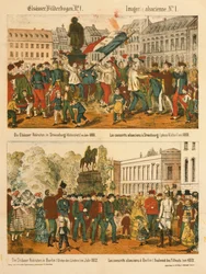 Alsace rekryterar i Strasbourg (Kleberplatz) 1869 och i Berlin (Under den Linden) 1872, från Elsaesser Bilderbogen, utgiven av A. Schneider, Strasbourg, 1873