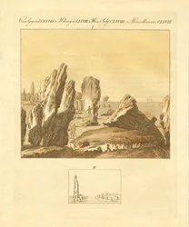 De keltiska monumenten i Carnac (färgad gravyr)