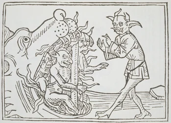 The Devil Belial before the Gates of Hell, från Das Buch Belial, publicerad i Augsburg, 1473