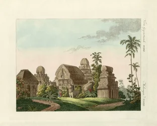 Den indiska pagoden i Mahabalipuram (färgad gravyr)