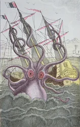 Kraken drar ner ett skepp (färgad gravyr)