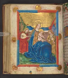 Ödmjukhetens madonna, Add. MS 24153, f.76v (bläck och färg på pergament)